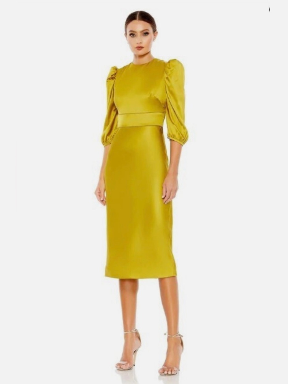 Mac Duggal Ieena Duggal 26927 satin midi dress in chartreuse